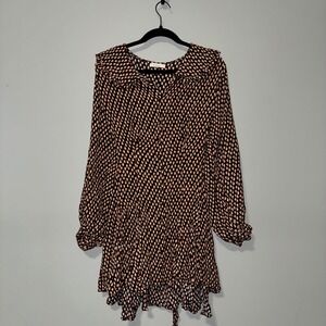 DOEN Floral Block Print Mini Dress Ruffle Collar Button Front Long‎ Sleeve Black